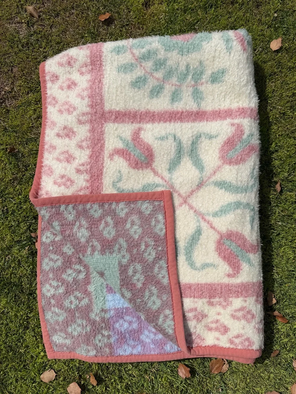 VTG Biederlack Floral Block Cottagecore Throw Blanket Pink Pastels 56x76 Soft